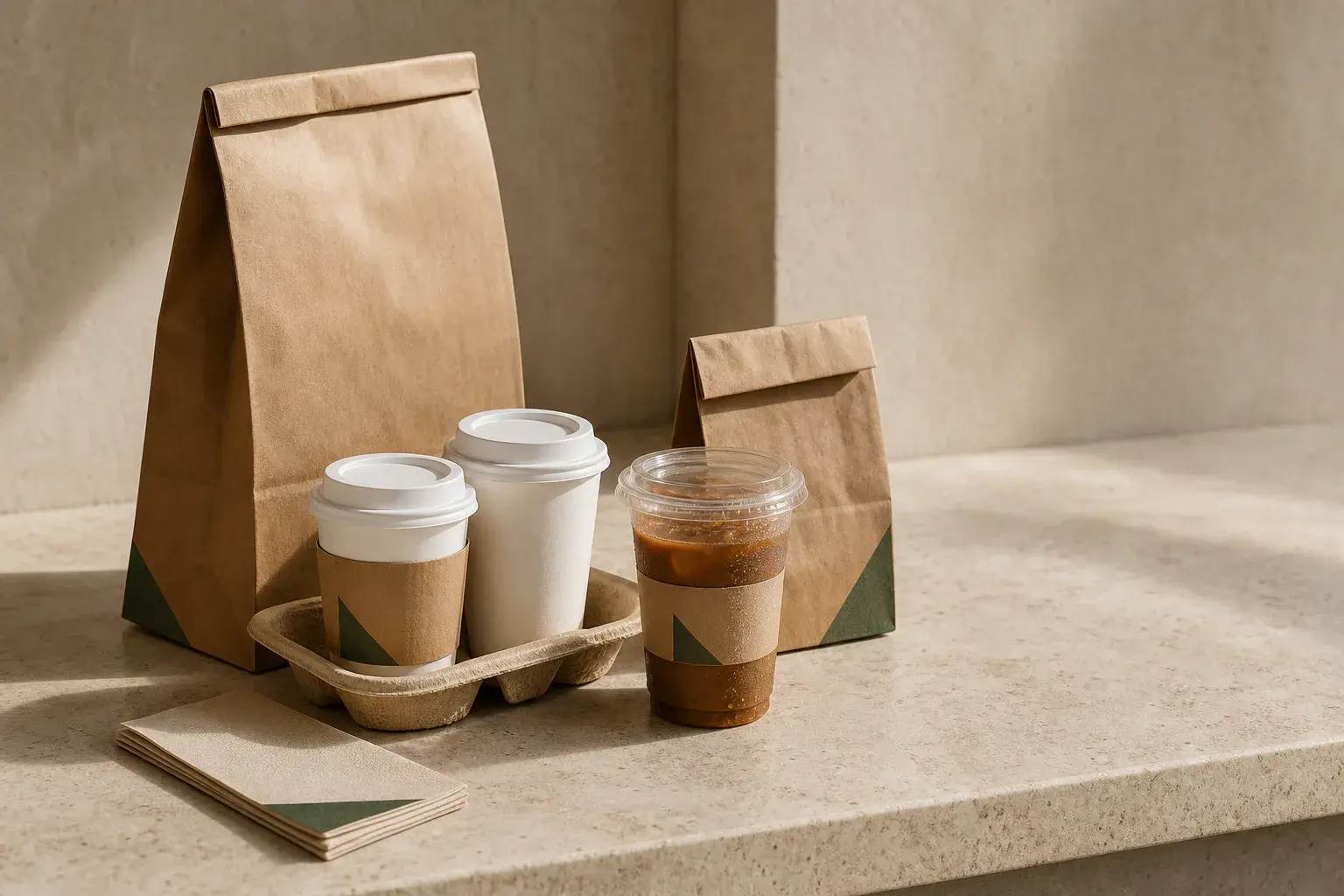 An unbranded café packaging program with hot cups, a cold cup, bags and napkins