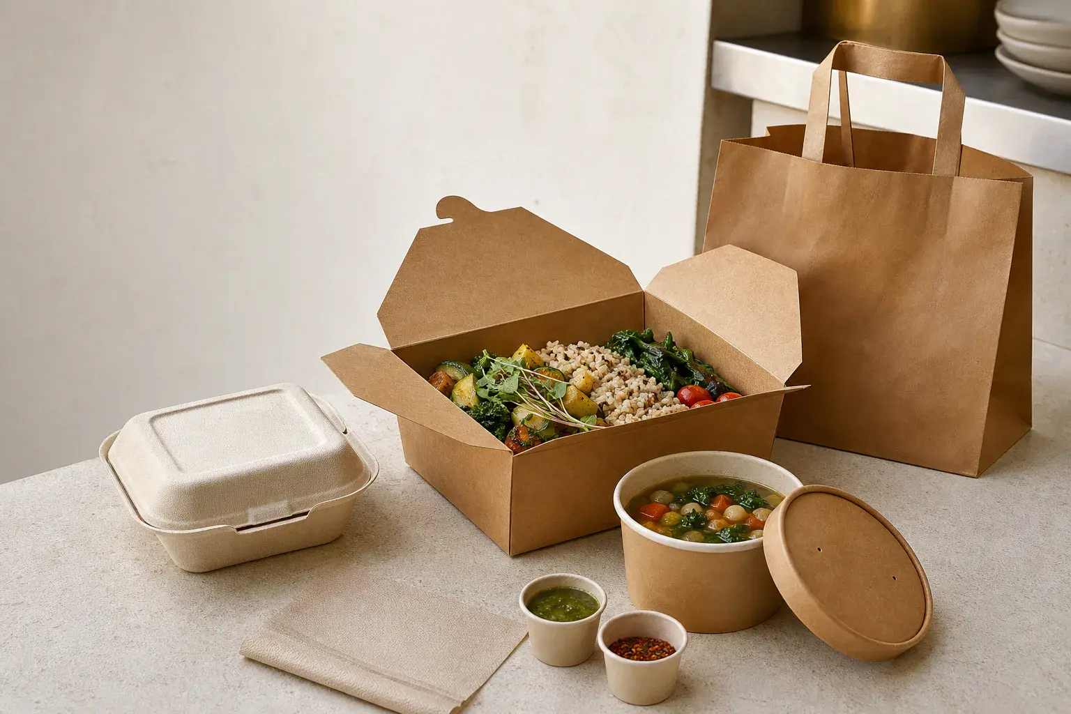 An unbranded restaurant packaging program with takeout containers, a soup bowl and paper bag