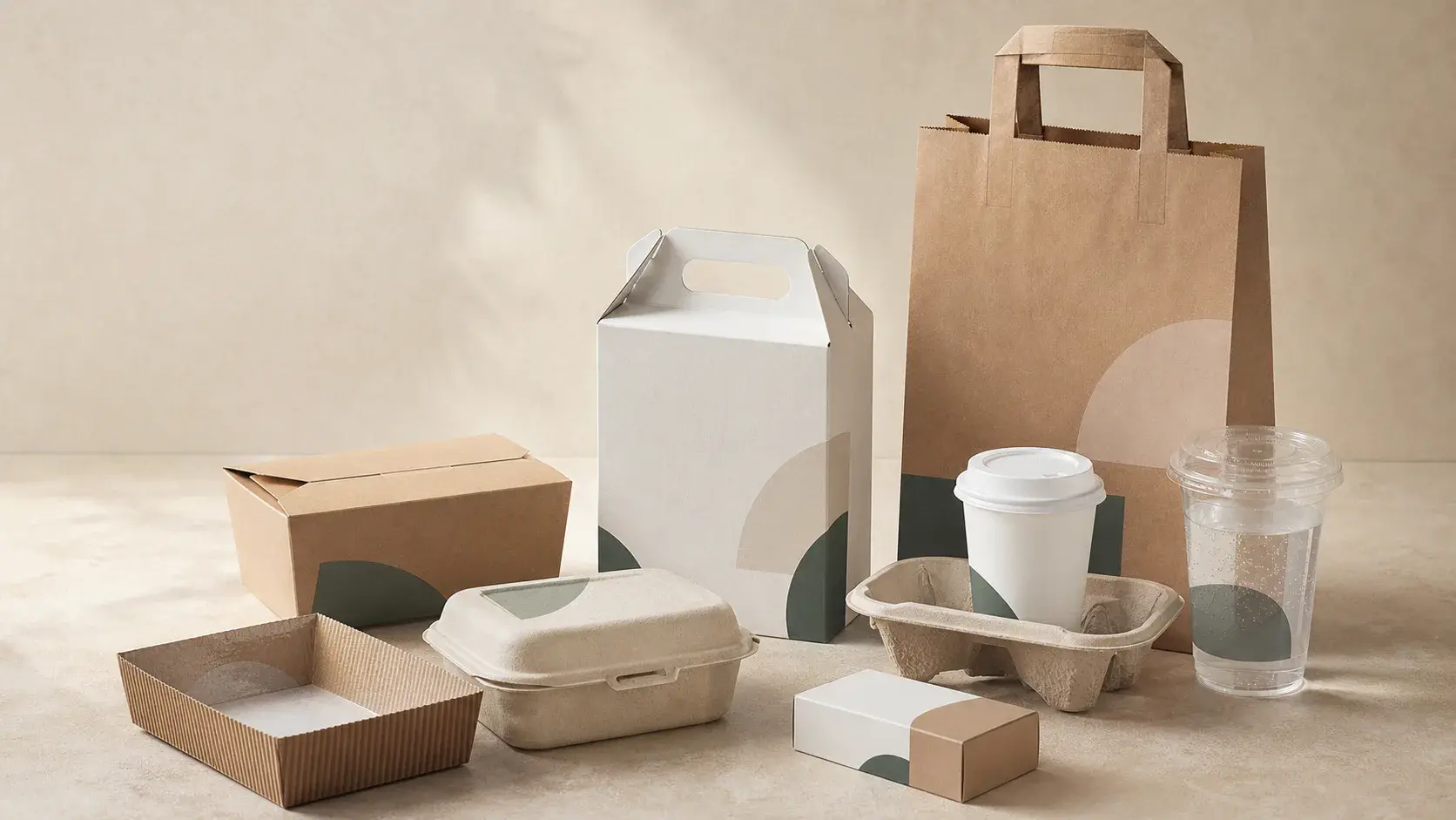 A coordinated collection of unbranded paper, fibre, corrugated and clear packaging